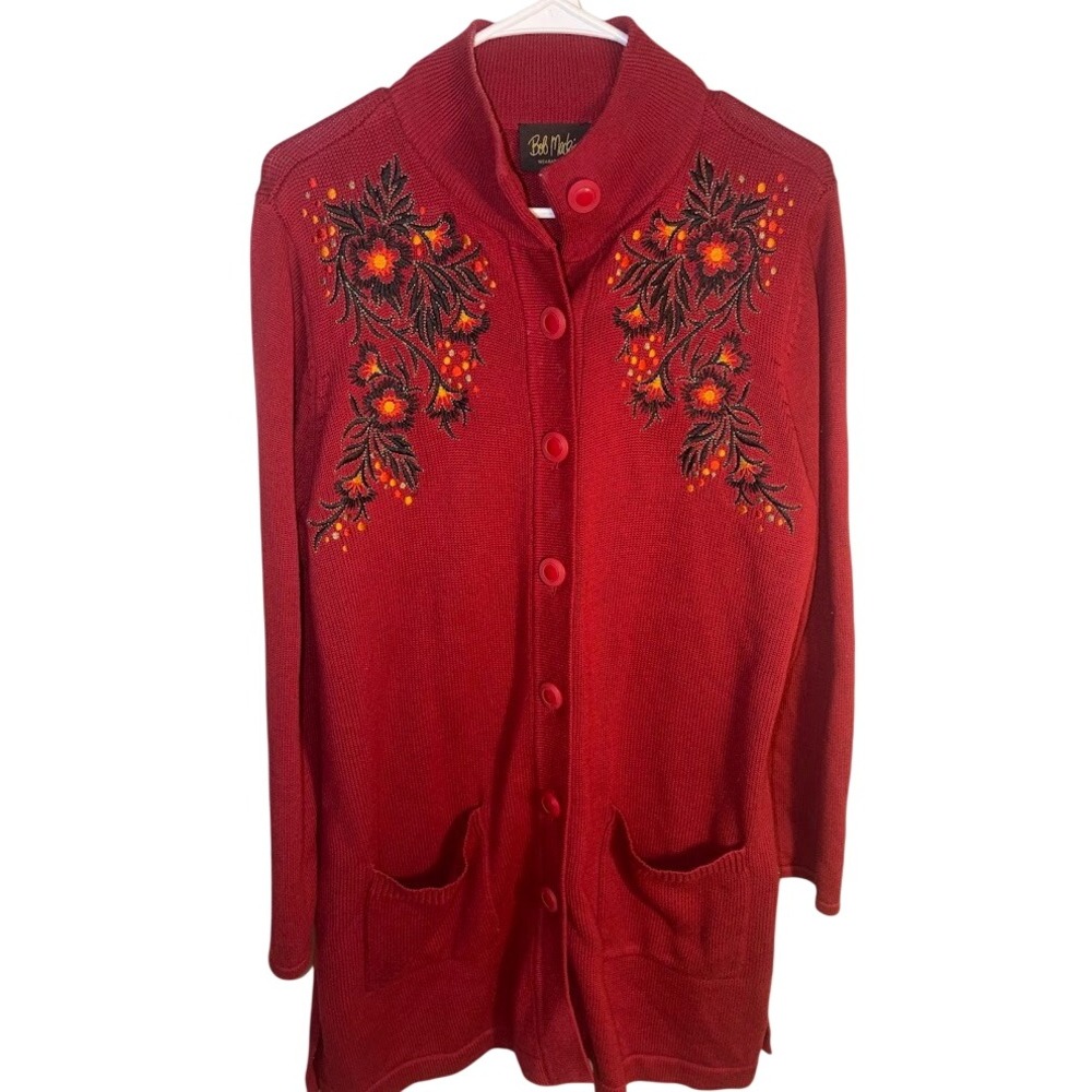 Bob Mackie Wearable Art Red Floral Embroidered Beaded Cardigan Sweater‎ Womens M